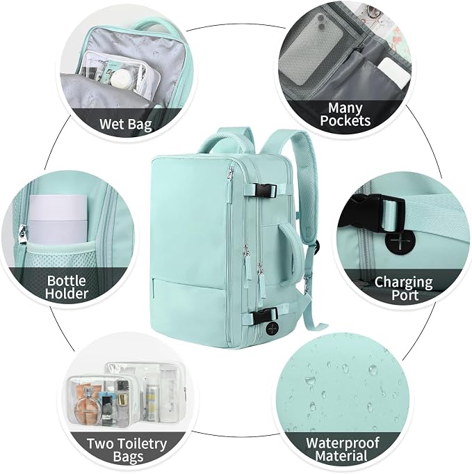 Hanples Large Travel Backpack for Women as Person Item Flight Approved, 35L Carry on Backpack, 17 Inch Laptop Backpack, Waterproof Backpack,Casual Bag with 2 Toiletry Bags (Mint Green) | 35L Carry on Backpack, TSA Flight Approved Anti Theft Travel Bag,... - Image 5