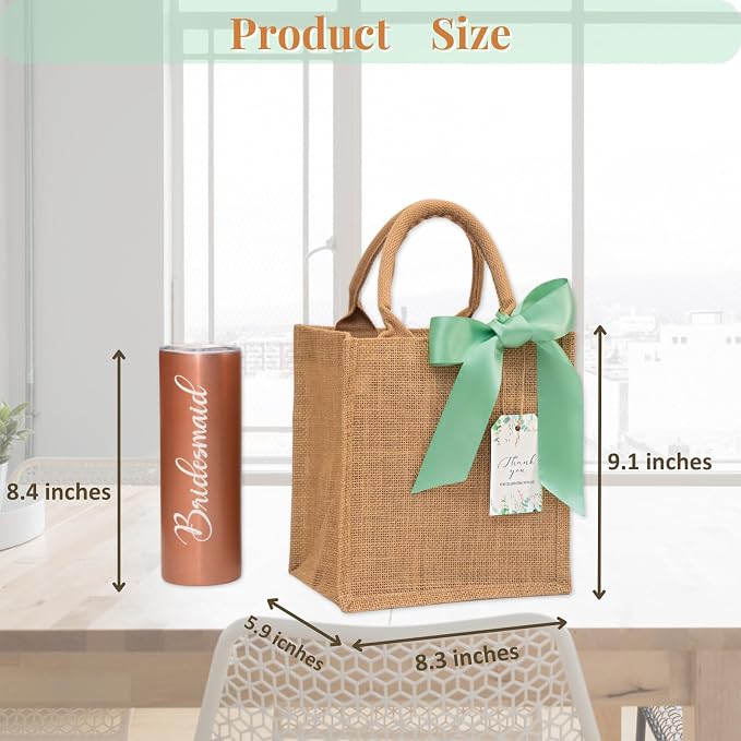 10 Pack Burlap Gift Bags for Wedding Welcome, Bachelorette, Beach, Bridesmaid - Small Bulk Reusable Jute tote with Sage Green Ribbons - Image 7