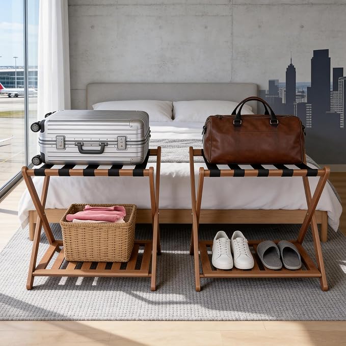 Full Assembled 26.77"L Luggage Rack Set of 1 - Luggage Stand for Guest Room, Foldable Suitcase Stand with Shoe Shelf, Luggage Holder for Suitcases, Bedroom, Hotel (Walnut Bamboo Suitcase Holders) - Image 8