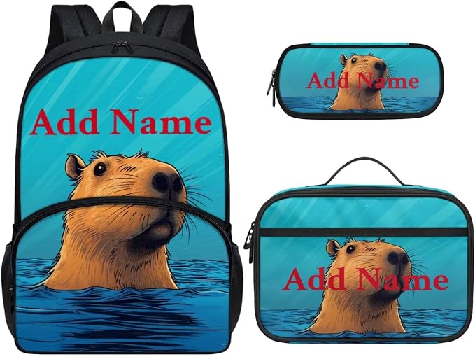 Capybara Customized Name Backpack with Lunch Box and Pencil Case 17 Inch Personalized School Bags for Girls 6-8 Lunchbox Set Add Your Name 2nd Grade Bookbag Lunchbag, 3-in-1 by Dremagia