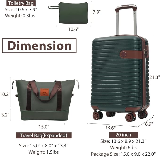 3 Piece Carry On Luggage Sets, 20 Inch Airline Approved Hard Shell Suitcase with TSA Lock & 360° Spinner Wheels, Travel Set with Duffel Bag for Women (Green) - Image 5
