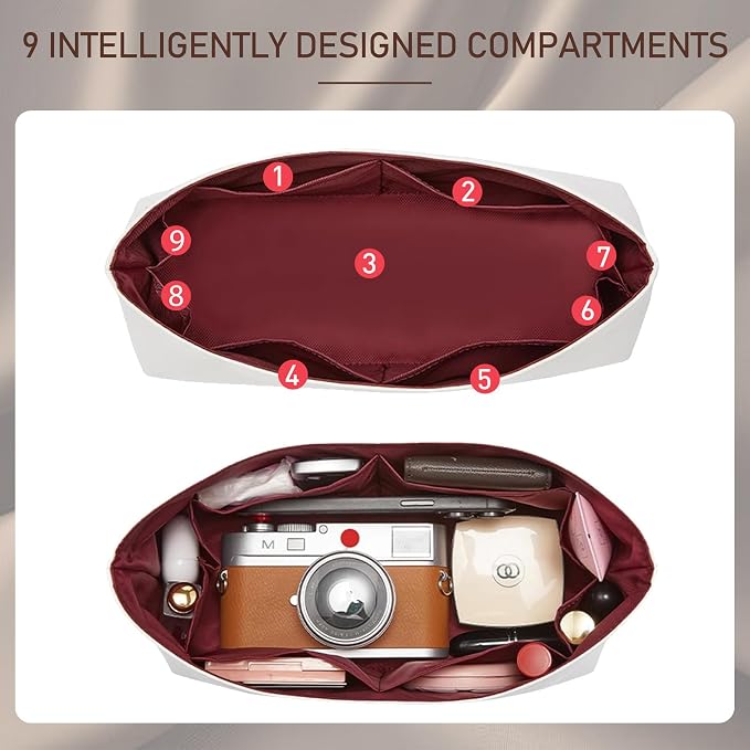 Doxo Purse Organizer Compatible with LV Carryall BB, Upgraded Lightweight Bag Insert with 9 Compartments, Custom Fit Inside Handbag Divider Shaper Accessories（White-Red, BB） - Image 3