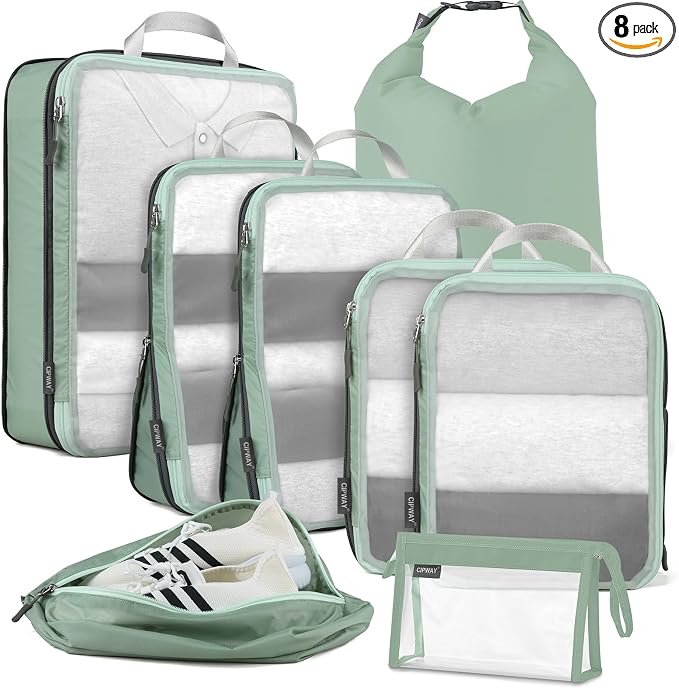 Cipway Compression Packing Cubes Mesh, Lightweight Luggage Organizer Bags with Laundry Bag,Toiletries Bag and Shoe Bag, Travel Essentials for Carry on Suitcase（8 Pcs,Sage Green） by Cipway
