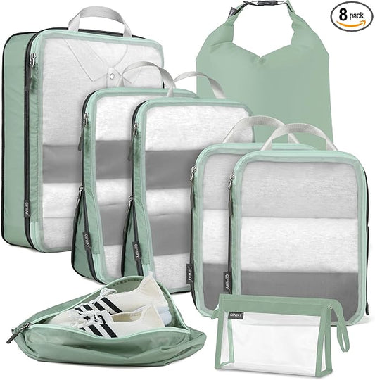 Cipway Compression Packing Cubes Mesh, Lightweight Luggage Organizer Bags with Laundry Bag,Toiletries Bag and Shoe Bag, Travel Essentials for Carry on Suitcase（8 Pcs,Sage Green） by Cipway