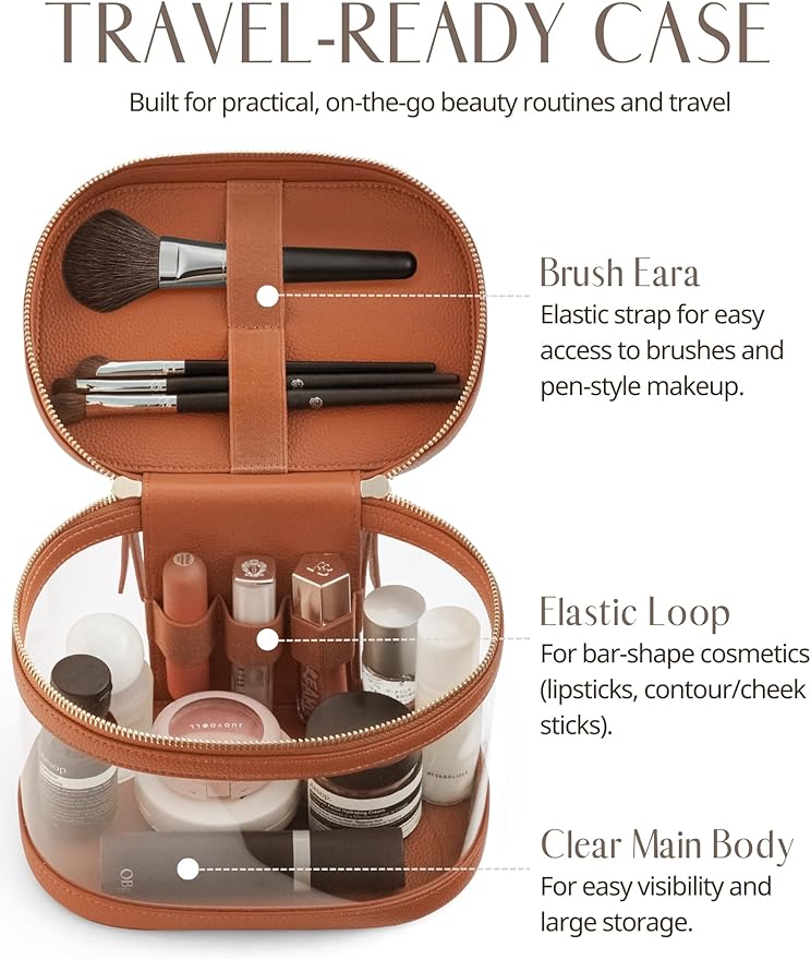 Popvibe Travel Makeup Case Clear Vanity Bag with Brush Holder, Compact Leather Train Case Brown Make Up Bag Storage Organizer Luxury Cosmetic Case Travel Essentials Cute Portable with Handle - Image 5