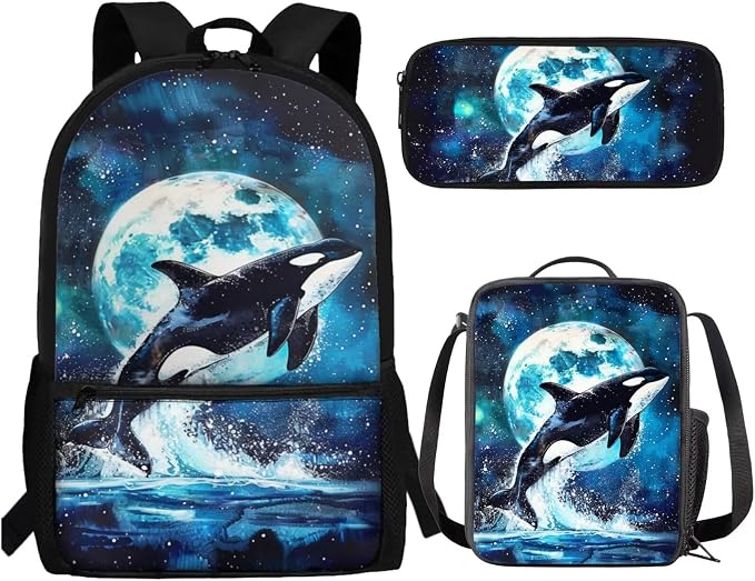 Killer Whale Backpack for School with Lunchbox and Pencil Case Moon Night Kids Bookbag and Lunch Box Set Elementary Schoolbag Lunchbox 3 in 1 Back To School Bag Lunch Bag by SCRAWLGODDreamWardrobe