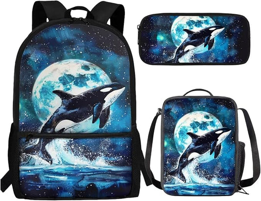 Killer Whale Backpack for School with Lunchbox and Pencil Case Moon Night Kids Bookbag and Lunch Box Set Elementary Schoolbag Lunchbox 3 in 1 Back To School Bag Lunch Bag by SCRAWLGODDreamWardrobe