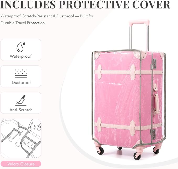 urecity 20" Bubblegum Pink Vintage Luggage Set 2 Piece, Aluminum Frame Retro Suitcase for Women, Vegan Leather Carry On Trunk with Cosmetic Case, TSA Approved (Include Clear Cover) - Image 5