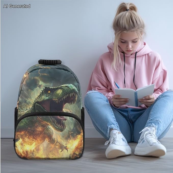 Dinosaur Backpack for Boys 6-12 Kids Backpack with Lunch Box Zipper Pencil Pouch Portable Student Backpacks for Teenagers Elementary Preschool Kindergarten Primary School - Image 2