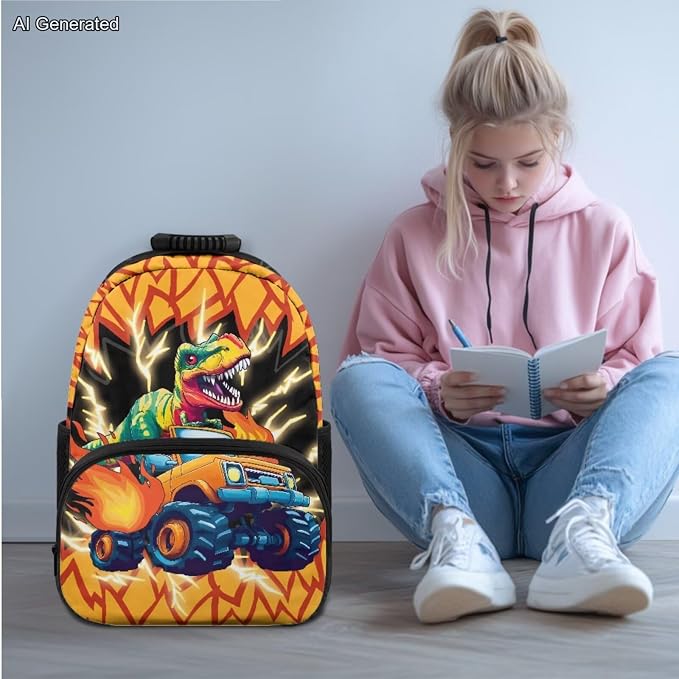 Fire Dinosaur Car Kids Elementary School Backpacks For Boys with Lunch Box Soft Pencil Case Water Bottle Sleeve for Ages 6-10 4Pcs Set 17 Inch Large Capacity Lightweight Supplies School Gift - Image 2