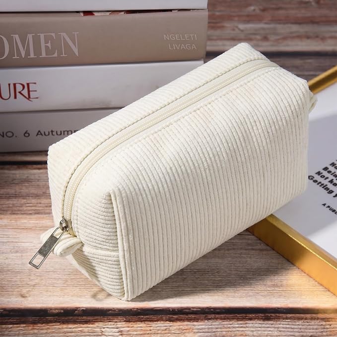 SOIDRAM 2 Pack Corduroy Makeup Bag for Women, Beige Makeup Pouch Small Cosmetic Bag Travel Toiletry Organizer for Skincare, Brushes & Essentials - Image 4