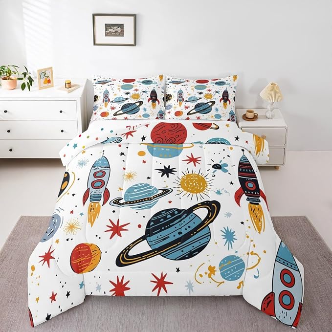 Erosebridal Outer Space Bedding Set King Size Kids Boys Space Ship Rocket Comforter Set Cartoon Universe Stars Planet Down Comforter Cosmos Meteorite Quilt Duvet Set with 2 Pillow Cases by Erosebridal