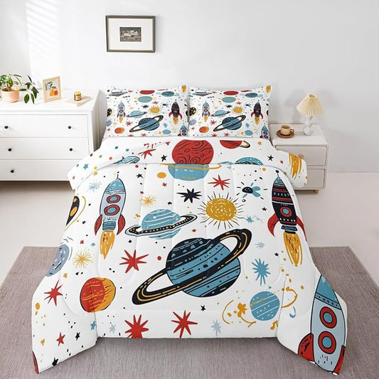 Erosebridal Outer Space Bedding Set King Size Kids Boys Space Ship Rocket Comforter Set Cartoon Universe Stars Planet Down Comforter Cosmos Meteorite Quilt Duvet Set with 2 Pillow Cases by Erosebridal