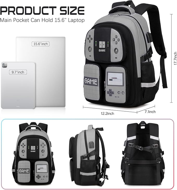 Jafeton Gamer Backpack for Boys, 3PCS Boys Backpack with Lunch Box & Pencil Pouch, Waterproof School Bags for Boy Kids Children Teens, Elementary Middle School, Kids Book Bag Casual Daypack (Gray) - Image 2