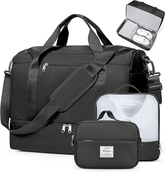 Travel Duffel Bag, Carry-On Overnight Weekender Bags with Shoes Compartment | For Spirit Airlines 18x14x8 Personal Item Bag,Wet Pocket,3 Pcs Set,Small by SYCNB
