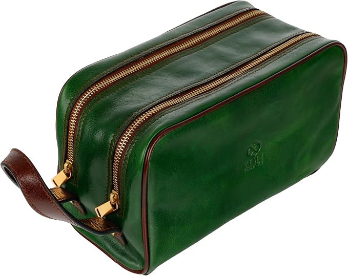 Time Resistance Leather Cosmetic Bag - Italian Toiletry Dopp Kit (Green) by %E2%80%8E