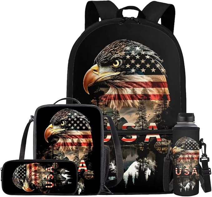 Eagle Backpack for Kids Boys Backpack with Lunch Box Water Bottle Holder and Soft Pencil Case 4PCS Bookbag with Front Pocket for School Teens 17 inch Large Capacity School Bag with Side Pocket by ELEDIZI