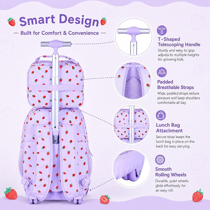3Pcs Rolling Backpack for Girls, School Roller Bookbag with Wheels, Strawberry Wheeled Backpacks Set for Women (Purple) - Image 5