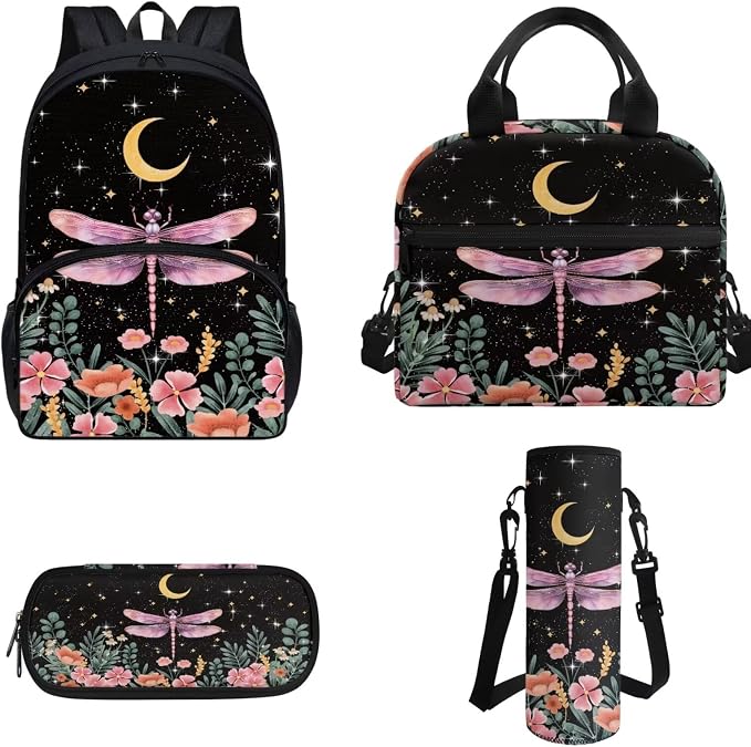 4 Pack Kids Backpack Moon And Stars Dragonfly Backpack for Girls，with Insulated Lunch Box Pencil Case Water Bottle Holder Bag Lightweight Casual Daypack for Preschool,Elementary，Middle by FUIBENG