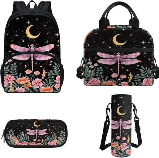 4 Pack Kids Backpack Moon And Stars Dragonfly Backpack for Girls，with Insulated Lunch Box Pencil Case Water Bottle Holder Bag Lightweight Casual Daypack for Preschool,Elementary，Middle by FUIBENG