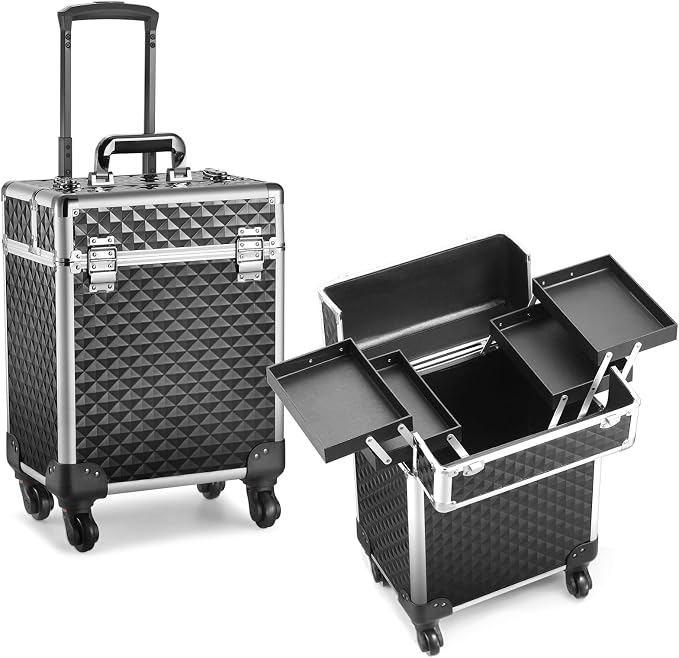 Rolling Makeup Train Case Large Cosmetic Trolley Organized Aluminum Barber Case for Hairstylist Makeup Nail Tech Salon with Keys Swivel Wheels Traveling Cart Trunk - Black by Mecucasi