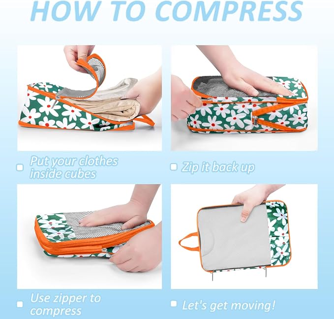 7 Piece Daisy Flower Compression Packing Cube Bundle | Slim Design, Multi-Size Luggage Organizers, Travel Essential Bag for Clothes, Shoes, Cosmetics & Toiletries, Multi - Image 3