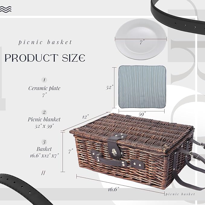 Picnic Basket Set for 4 with Waterproof Blanket Mat Insulation Bag Wicker Navy Blue Vintage Classic Gift for Christmas Thanksgiving Wedding Birthday Camp Outdoor Beach Travel - Image 5
