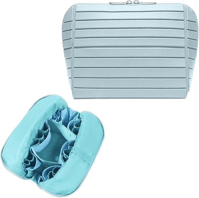 Travel Makeup Organizer Bag with Fold-Down Design and Adjustable Dividers, 27 Pockets & 3 Brush Storage Holders, Large Capacity Cosmetic Bags Toiletry Case - Light blue by Unknown