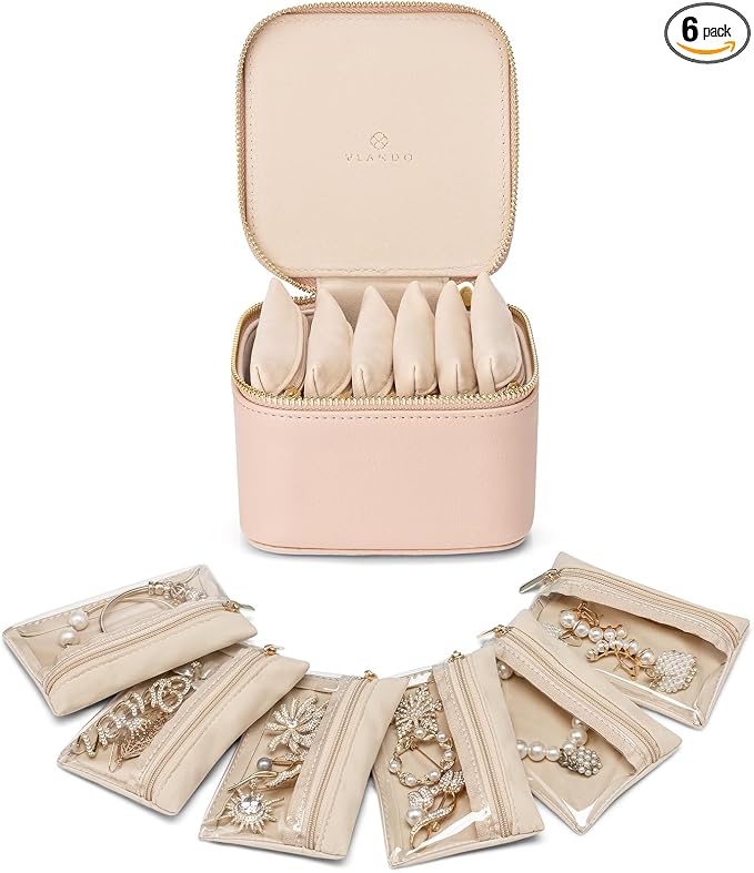 VLANDO Small Jewelry Box Organizer,Travel Jewelry Storage with 6 Velvet Jewelry Zipper Pockets,Travel Jewelry Case Birthday Gifts for Women Girls(Khaki) by VLANDO