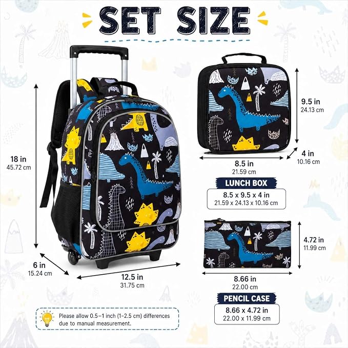 AGSDON 3PCS Rolling Backpack for Girls Boys, Kids Roller Wheels Bookbag, Wheeled School Bag with Lunch Bag - Image 5