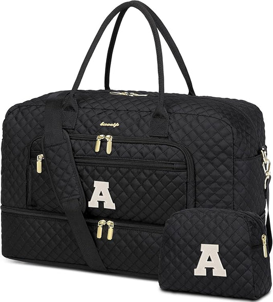 Initial Travel Duffle Bag for Women - Black Personalized Weekender Bags Overnight Bag with Shoe Compartment & Wet Pocket Weekend Tote Bags with Toiletry Bag Monogram Gifts (Letter A) by LUOCIP
