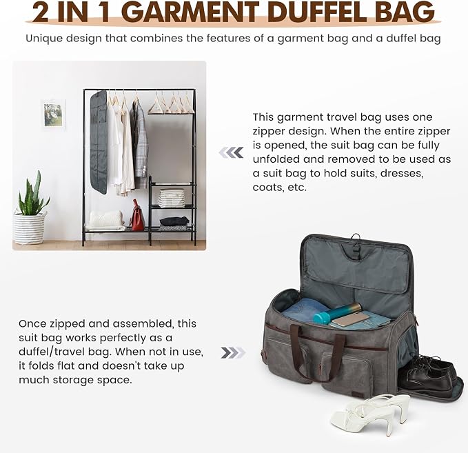 Garment Bag for Travel, S-ZONE Duffle Bag for Men Travel Convertible Suit Bags Carry on Luggage Women Hanging Suitcase Travel Bag with Toiletry Bag | Soft Canvas, Black, Carry-on size, with Toiletry Bag, Adjustable Shoulder Strap, Trolley Sleeve, Shoe ... - Image 6