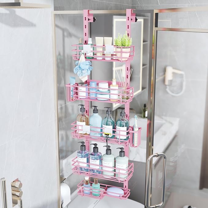 Consumest Over The Door Shower Caddy - 5 Tier Adjustable Shower Organizer Hanging with 2 Toothbrush Holders & 4 Hooks, Rustproof Organizer Shelf, Storage Rack for Bathroom, Pink - Image 4