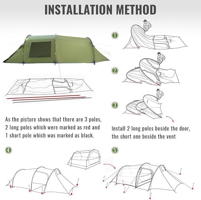 Camping Tents 2-4 Person, Double Layers Waterproof Backpacking Tents with Porch Quick Easy Set Up 2 Doors 4 Seasons Tents with Portable Carry Bag for Beach Picnic Hiking Travel Sports Outdoor - Image 7