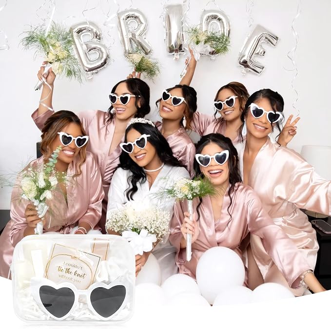 DEEKA 5 Pcs Bridesmaid Proposal Bag Set Gift Clear Makeup Toiletry Bag Bachelorette Party Favors Sunglasses Hair Claw Clips Scrunchies Knot Bracelets Bridal Wedding Party Gifts (White) - Image 6