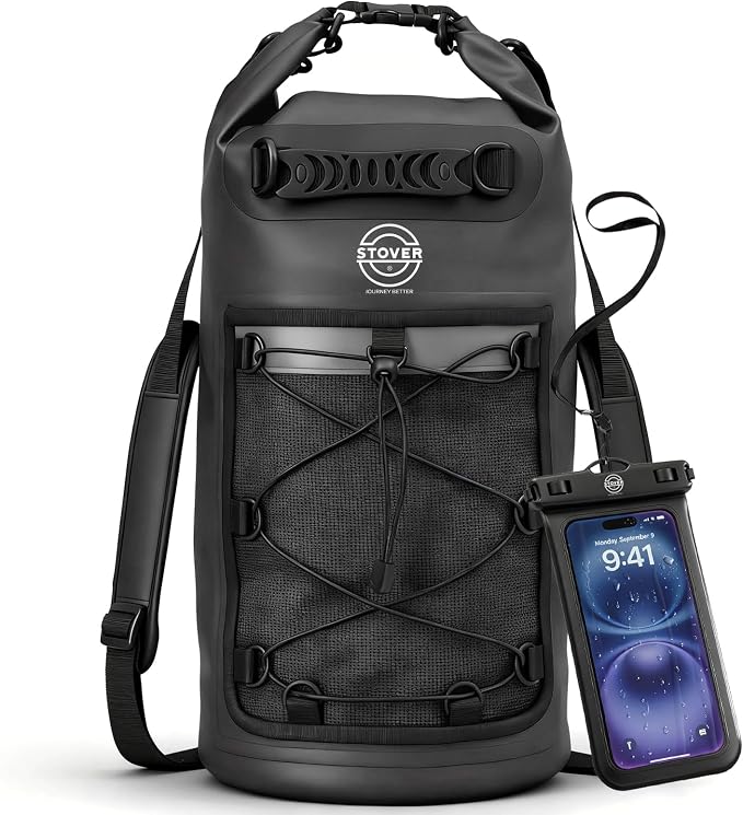 STOVER 5/10/25/30/40L Waterproof Dry Backpack & Phone Case- Large Floating Dry Bag for Kayaking, Travel, Hiking, Fishing, Camping, Motorcycles & Beach, Heavy-Duty Roll Top Men/Women (Black) by STOVER