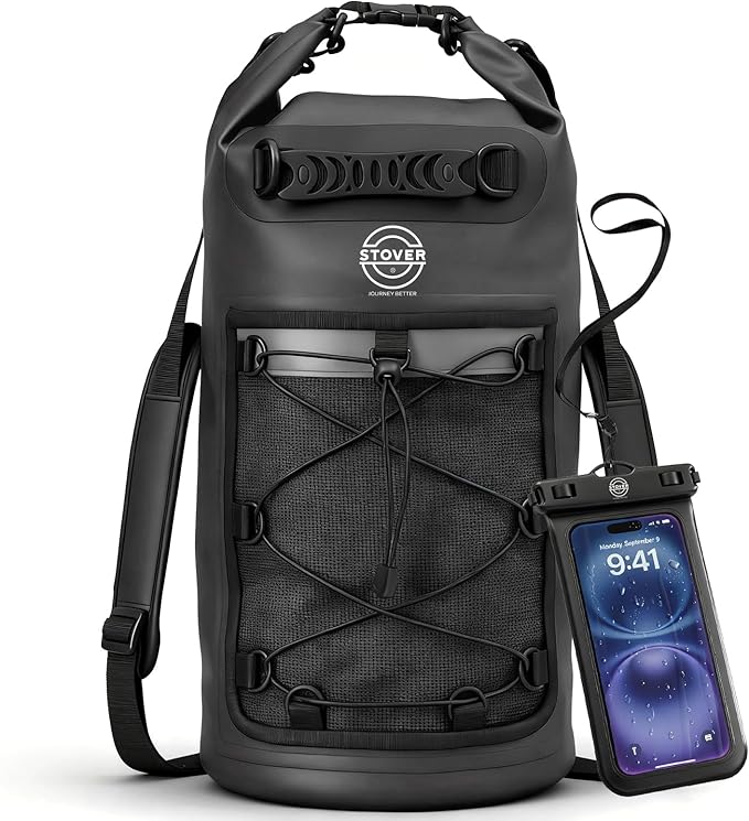 STOVER 5/10/25/30/40L Waterproof Dry Bag & Phone Case - Large Floating Dry Backpack for Kayaking, Travel, Hiking, Fishing, Camping, Motorcycles & Beach, Heavy-Duty Roll Top Men/Women (Black) by STOVER