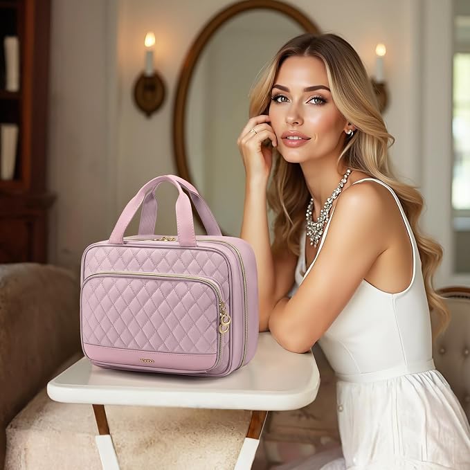 MDODO Travel Toiletry Bag for Women Hanging Cosmetic Organizer with Brush Compartment Makeup Bag for Full Sized Travel Essentials, Pinkish Purple - Image 2