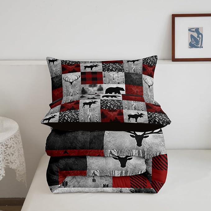 Erosebridal Rustic Deer Bear Comforter Twin,Farmhouse Moose Bedding for Kids Boys Girls,Hunting Animal Comforter Sets,Buffalo Check Patchwork Duvet Insert with 1 Pillowcase Lightweight Warm - Image 6