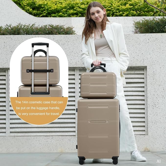 Khaki 6 Piece Luggage Set Hard Shell - Checked Suitcases with Spinner Wheels and Duffel Bags for Family Travel, Durable Carry On Luggage Sets with Lock & 14" Cosmetic Case for Women and Men - Image 9