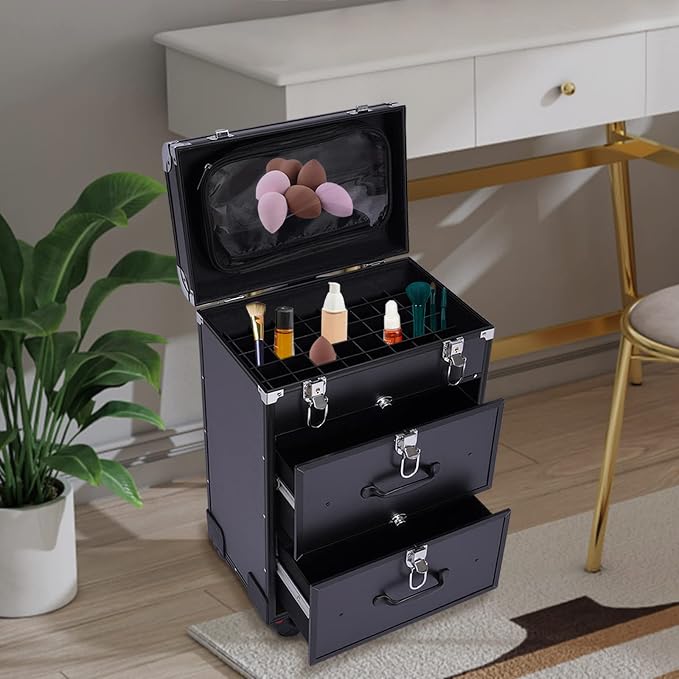 Rolling Makeup Case Cosmetic Train Cases Large Cosmetic Trolley with Locks Cosmetic Storage Organizer Travel Case Salon Barber Case for Makeup Artist Tattooist Nail Tech Hairstylists (Type D, Black) - Image 3
