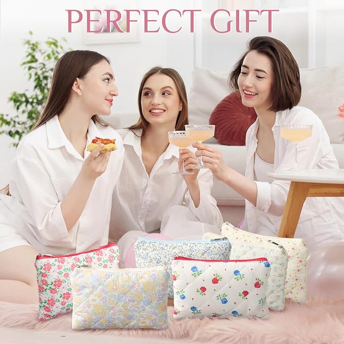 Paterr 10 Pcs Quilted Makeup Bag Bulk Cotton Floral Cosmetic Bag Women Girls Bridesmaid Gifts Cute Makeup Pouch Coquette Aesthetic Travel Toiletry Organizer(Rustic Floral,9.06 x 5.91 Inches) - Image 5