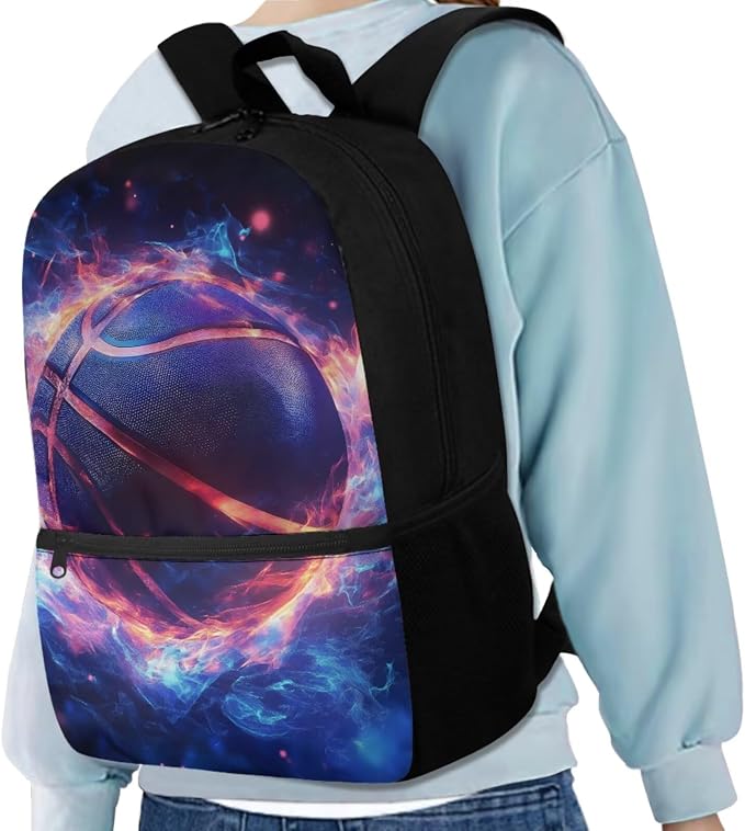 Fire Basketball Backpack for School Boys Backpack with Lunch Box Water Bottle Carrier with Strap and Soft Pencil Case 4PCS Set Bookbag with Front Pocket 17 inch Lightweight School Bag for Kids - Image 2