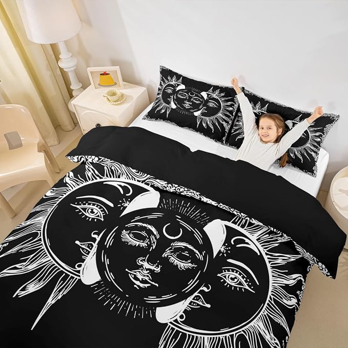 Erosebridal Mandala Duvet Cover Twin Sun and Moon Decor Comforter Cover Set with Zipper Ties Boho Exotic Style Black and White Bedding Set Botanical Floral Decor Duvet Cover for Adult Women Teen Men - Image 2