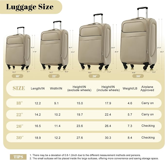 Merax 4-Piece Expandable Luggage Set,Softside Suitcase,Khaki | 18" 22" 26" 30" Lightweight Luggage with Spinner Wheels,Suitcase Set with TSA Lock,Front Pocket & Interior Organization - Image 8