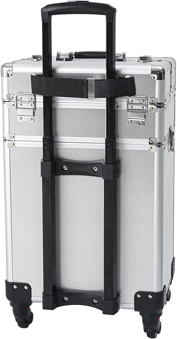 Karl home 4 in 1 Makeup Train Case Rolling Cosmetic Trolley Large Capacity Travel Organizer with Key 360°Swivel Wheels Suitcase for Beauticians Hairstylists Nail Tech Students, Silver - Image 8