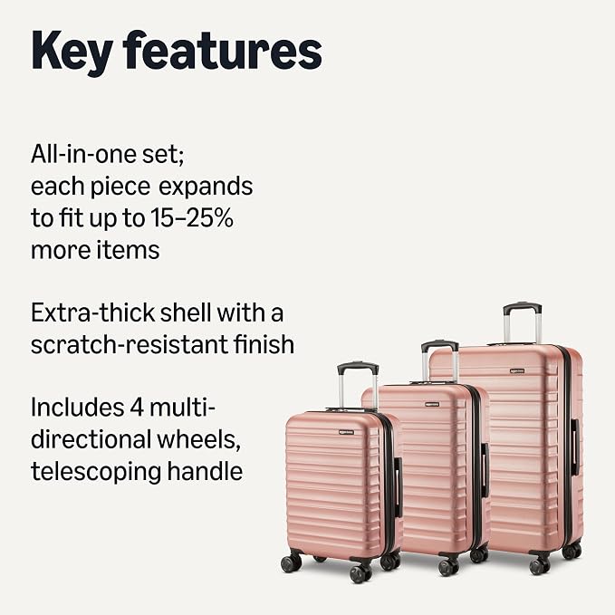 Amazon Basics 3-Piece Hardshell Suitcases Set (21", 26", 30"), Expandable For Up to 25% More Space, With Scratch-Resistant Finish, Four Multi-Directional Wheels, Rose Gold - Image 2