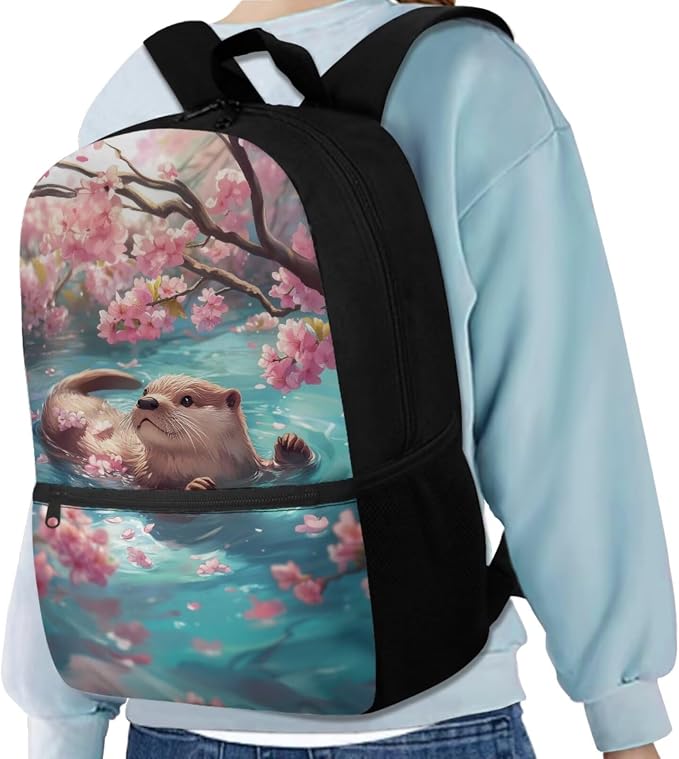 Cherry Blossom Otter Backpack for Girls Kids Backpack with Lunch Box Water Bottle Carrier with Strap and Big Pencil Case 4PCS Bookbag with Front Pocket for School 17 inch Sturdy School Bag - Image 2