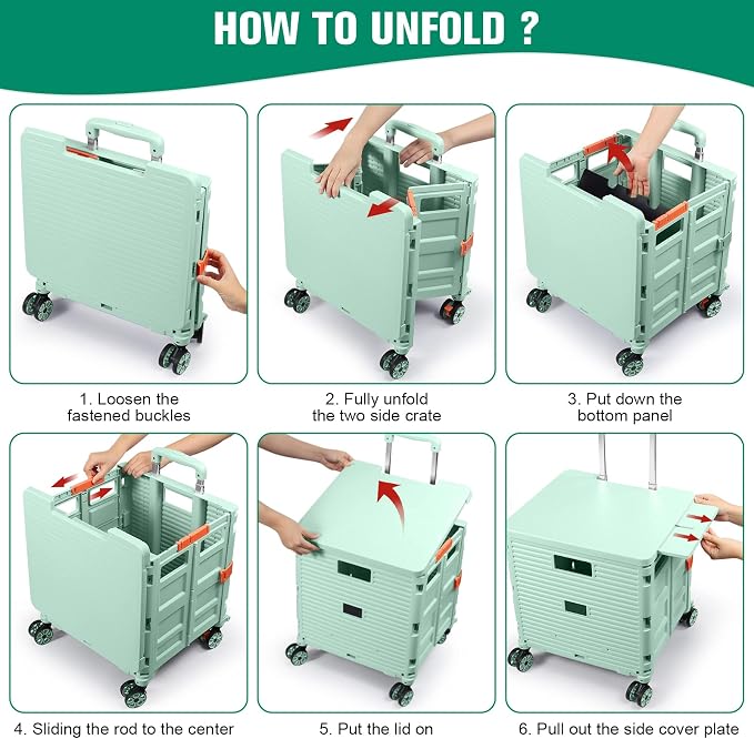 FELICON SELORSS Folding Utility Cart Portable Rolling Crate Handcart-Green | Magnetic Sliding Lid,Telescoping Handle,Plastic Box Dolly,360°Swivel Wheels for Travel Shop Move Laundry Office Teacher Use - Image 5