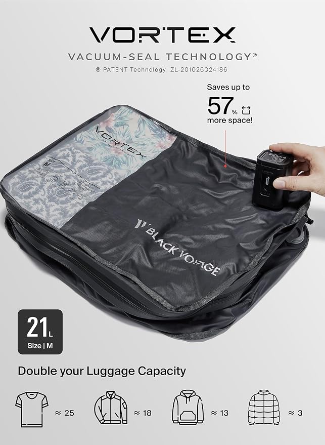 Black Voyage Reusable Vacuum Compression Travel Bag for Carry-On Suitcase and Backpack, Recycled IPX8 Waterproof Space Saver Vacpack (2-Pack, 21L - Pump Included) - Image 3
